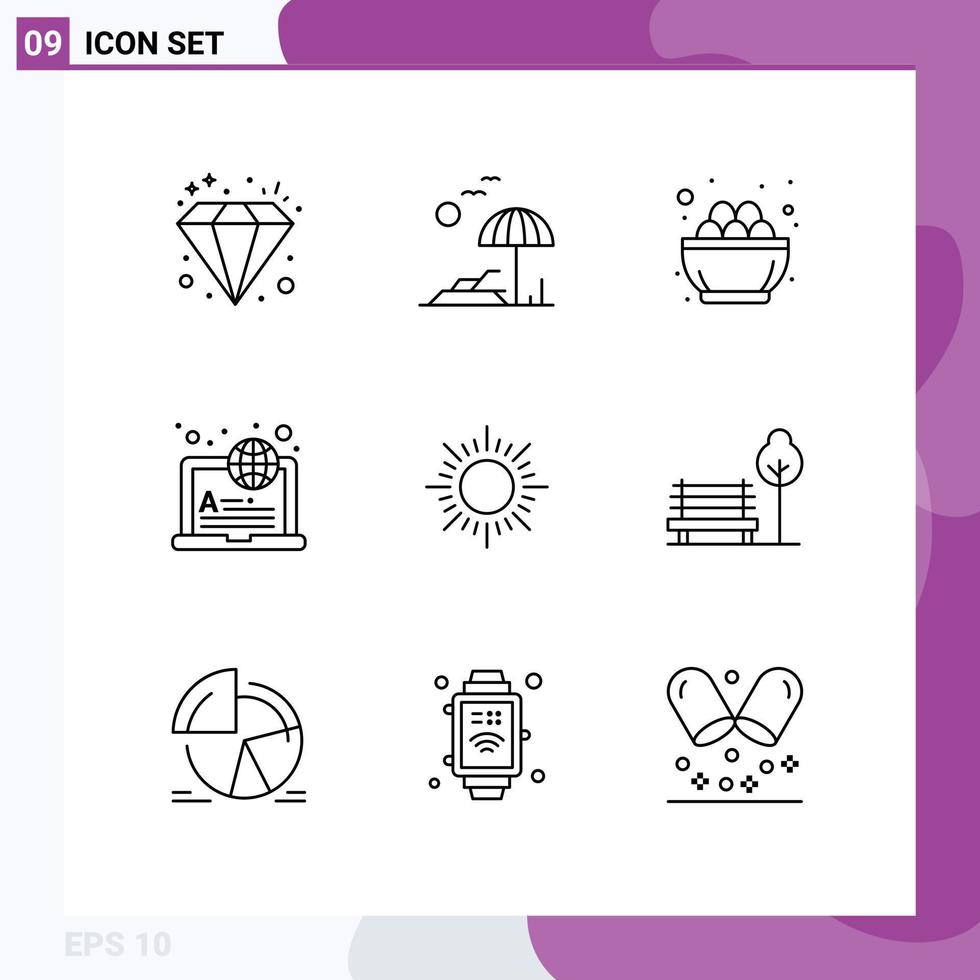 Group of 9 Modern Outlines Set for sun learning bowl internet nest Editable Vector Design Elements