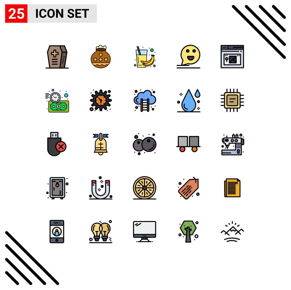 Filled line Flat Color Pack of 25 Universal Symbols of mail comment banana chat juice Editable Vector Design Elements