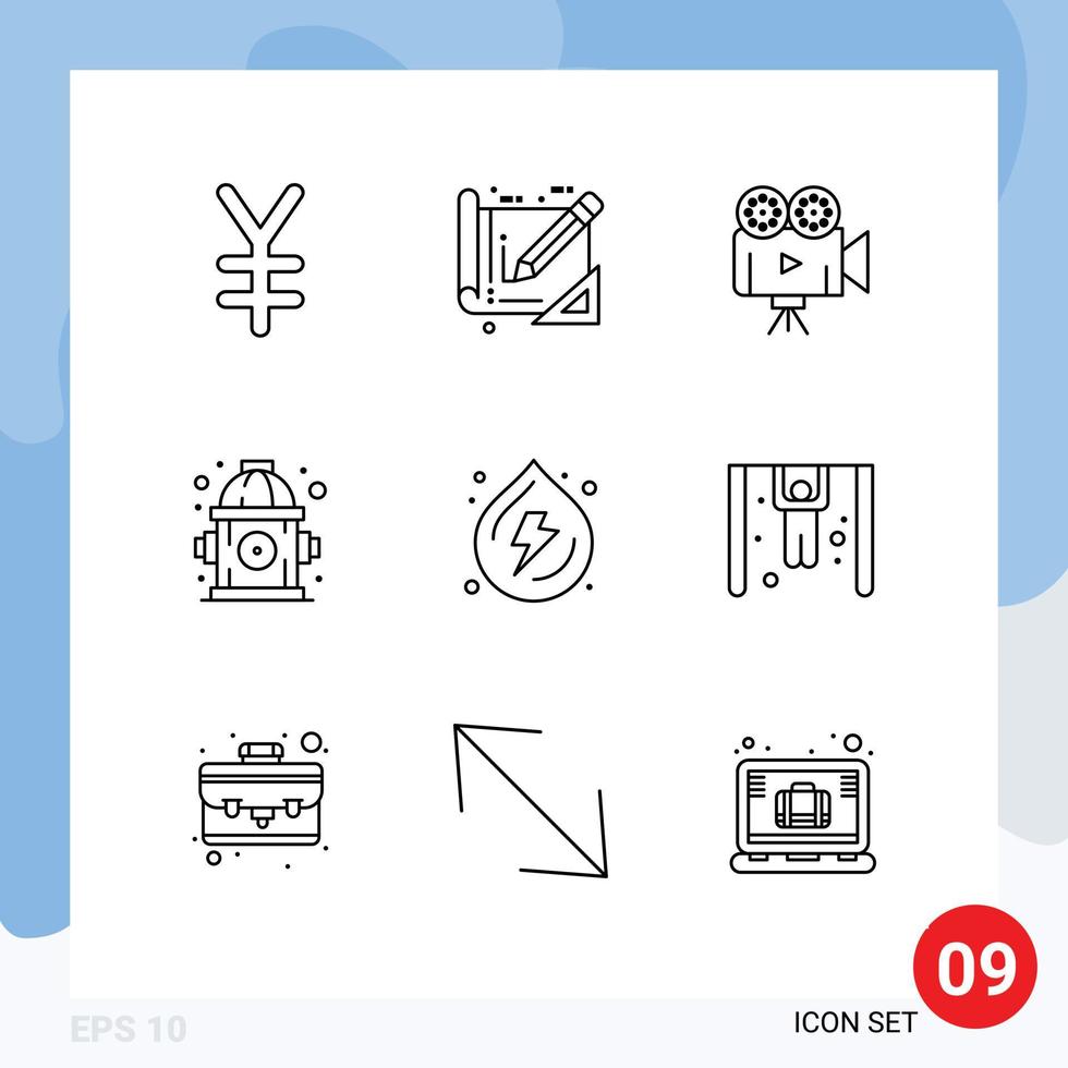 Pack of 9 Modern Outlines Signs and Symbols for Web Print Media such as power spring film camera droop hydrant Editable Vector Design Elements