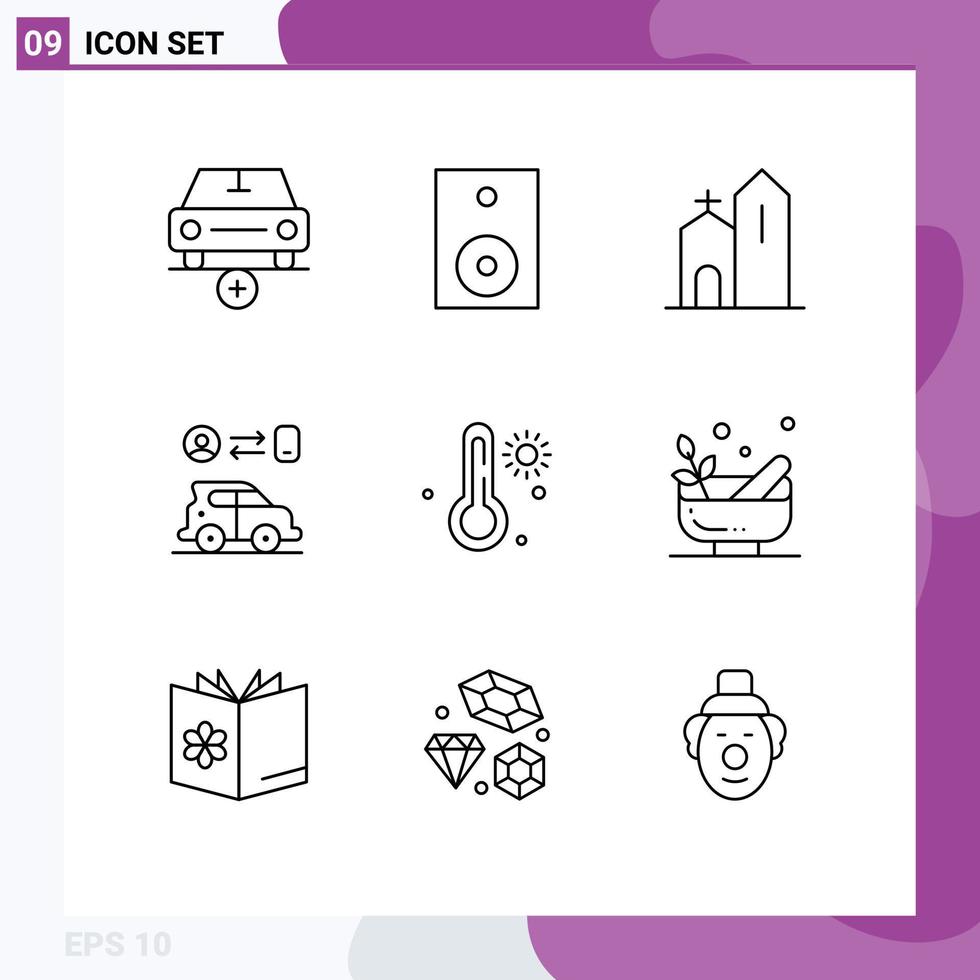 Pack of 9 Modern Outlines Signs and Symbols for Web Print Media such as man car speaker monastery church Editable Vector Design Elements