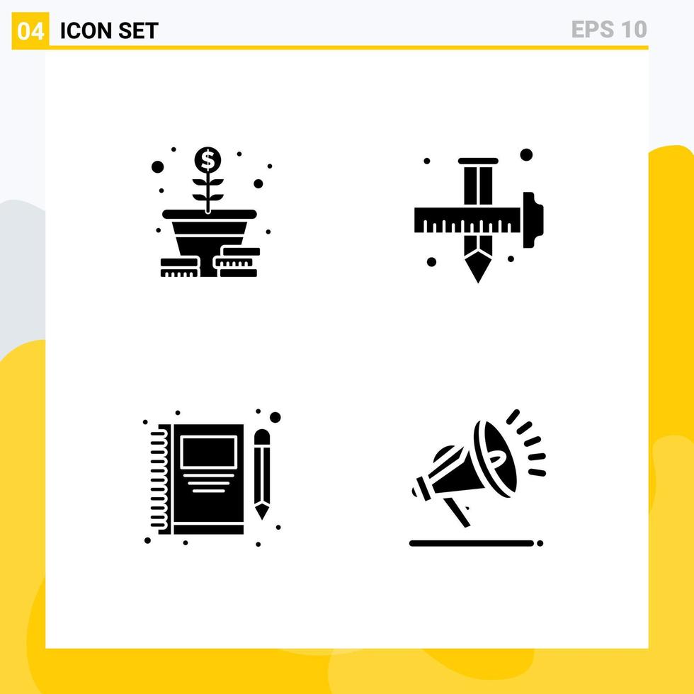 Mobile Interface Solid Glyph Set of 4 Pictograms of growth book coins draw pen Editable Vector Design Elements