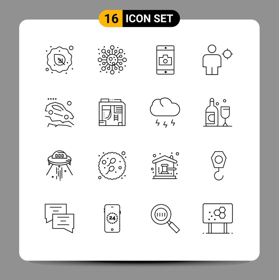 Modern Set of 16 Outlines and symbols such as position human study body camera Editable Vector Design Elements