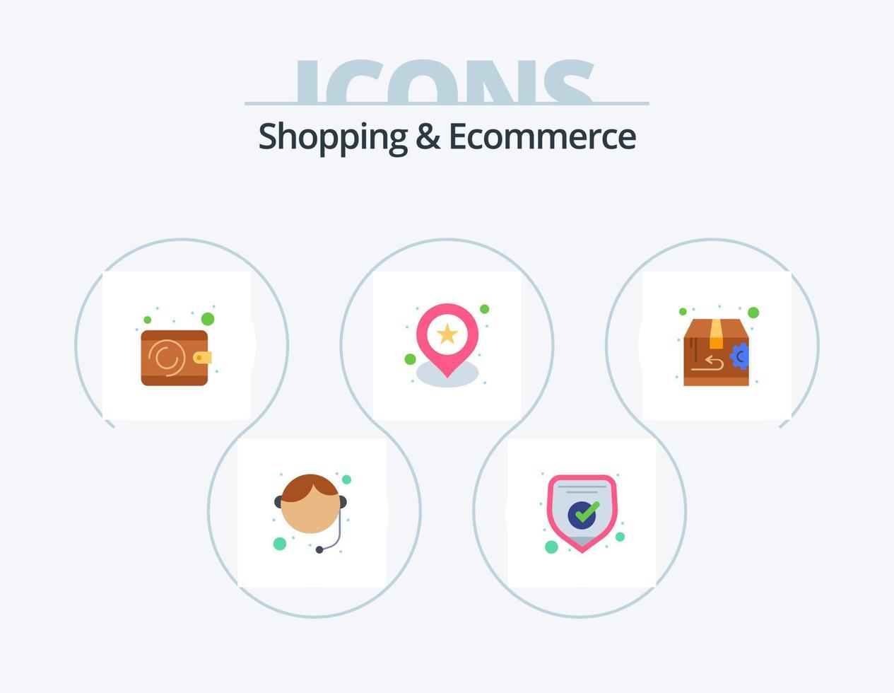 Shopping And Ecommerce Flat Icon Pack 5 Icon Design. product. location pin. cash. star. geo vector