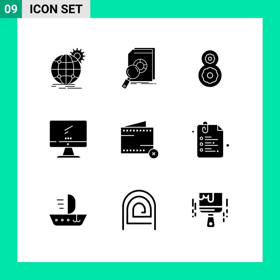 Modern Set of 9 Solid Glyphs Pictograph of pc device market monitor flower Editable Vector Design Elements