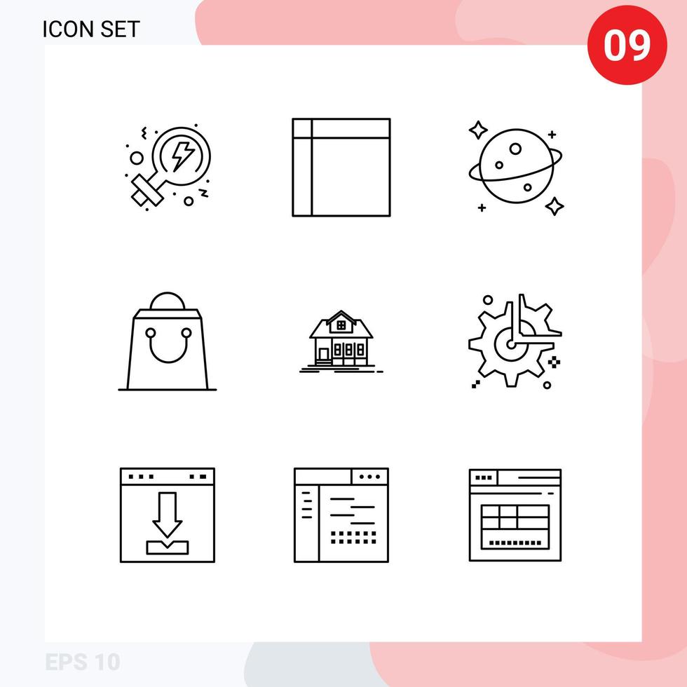 Pictogram Set of 9 Simple Outlines of real estate house planet home shop Editable Vector Design Elements