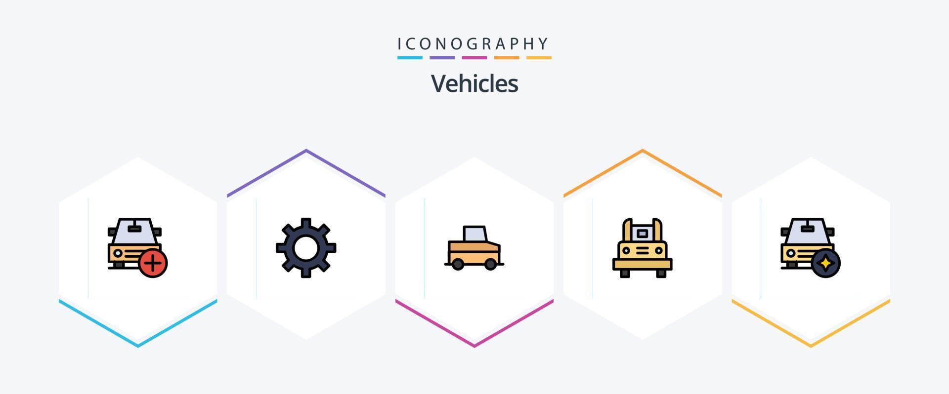 paquete de iconos de 25 líneas completas de vehículos, incluido el automóvil. transportación. mantenimiento de vehículos. transporte. autobús vector