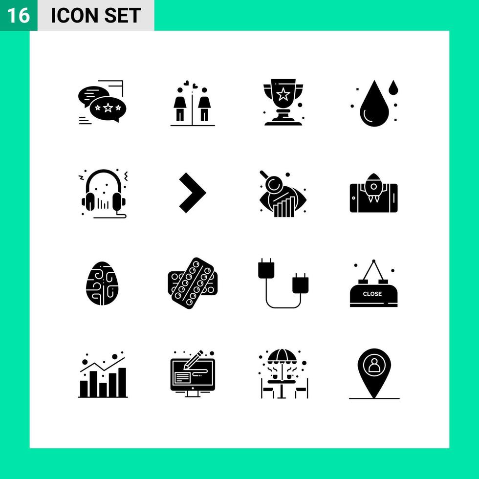 símbolos de iconos universales grupo de 16 glifos sólidos modernos de signos de agua de altavoz gotas de sangre elementos de diseño vectorial editables vector