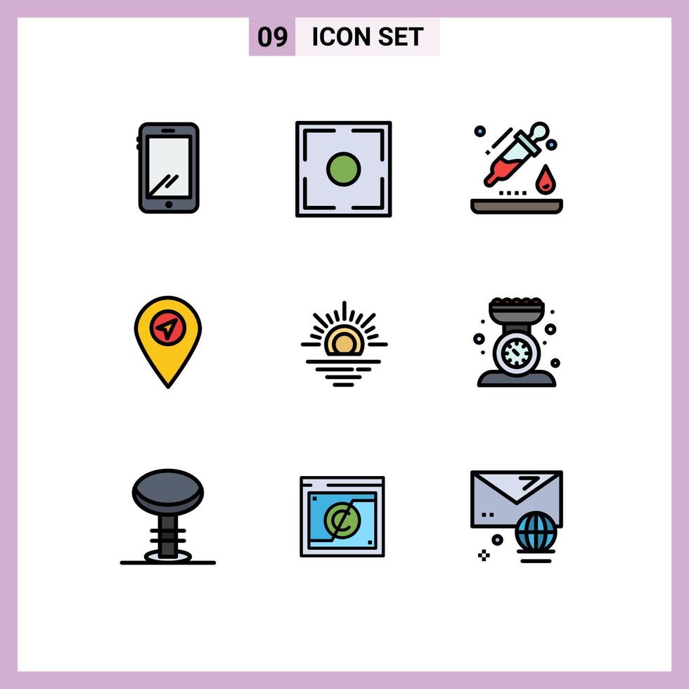 9 Thematic Vector Filledline Flat Colors and Editable Symbols of warm pointer point map science Editable Vector Design Elements