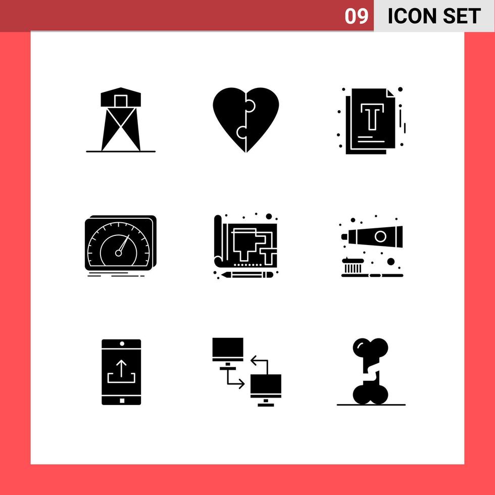 Pack of 9 creative Solid Glyphs of blue test document speed dashboard Editable Vector Design Elements