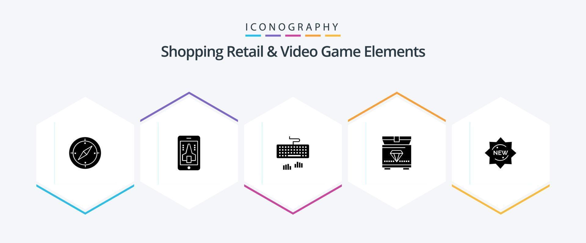 Shoping Retail And Video Game Elements 25 Glyph icon pack including sticker. new. keyboard. gaming. treasure vector