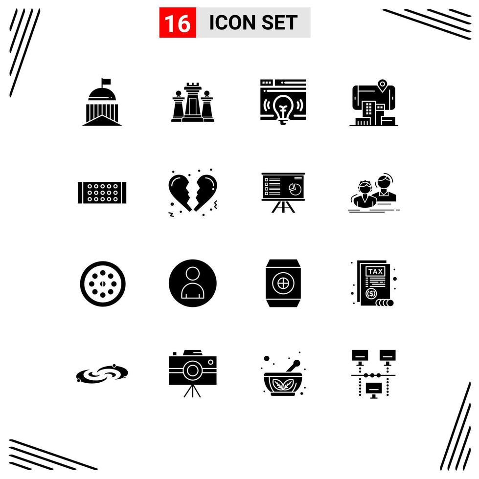 Mobile Interface Solid Glyph Set of 16 Pictograms of audmented city tactic reality webpage Editable Vector Design Elements