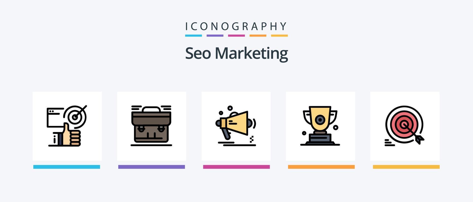 la línea de marketing seo llenó el paquete de 5 iconos, incluida la web. promoción. revisión. oferta. etiqueta. diseño de iconos creativos vector