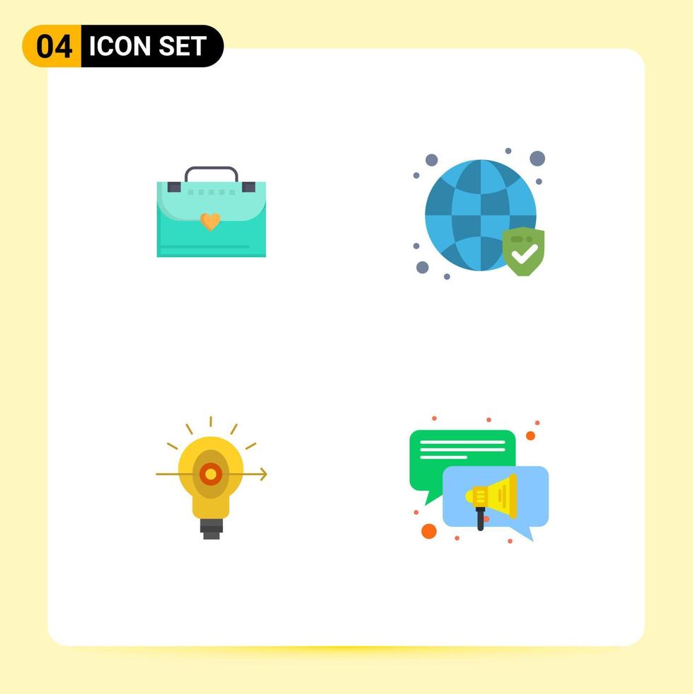 conjunto moderno de 4 iconos y símbolos planos, como globo de enfoque de bolsa, conversación verificada, elementos de diseño vectorial editables vector