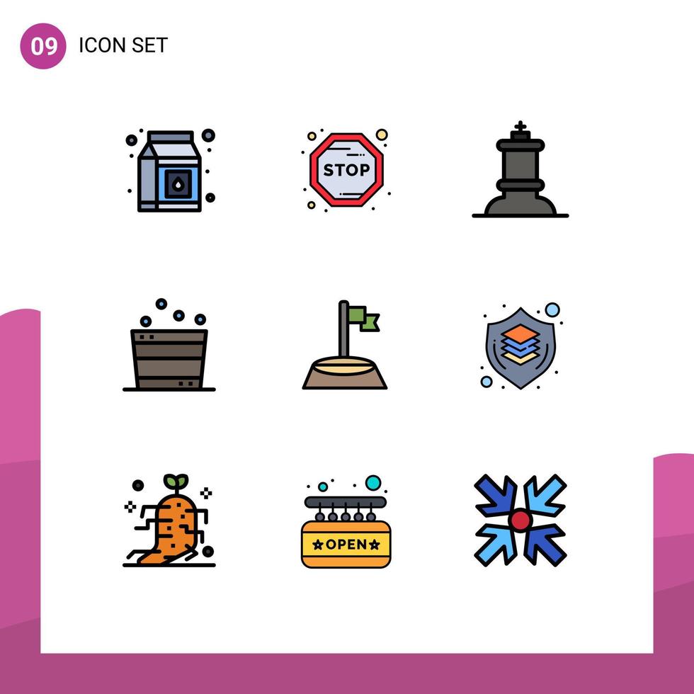 9 User Interface Filledline Flat Color Pack of modern Signs and Symbols of brain golf king flag spa Editable Vector Design Elements