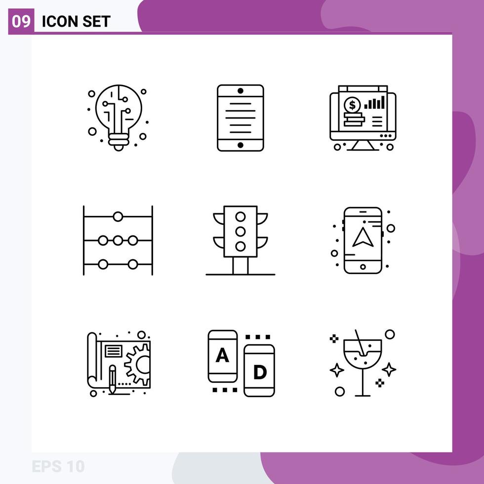 Editable Vector Line Pack of 9 Simple Outlines of map traffic online lights math Editable Vector Design Elements