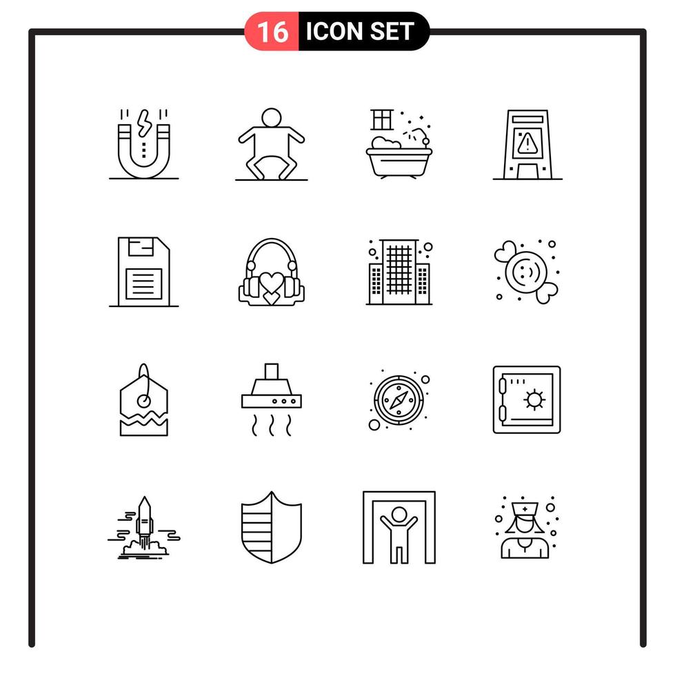 Pictogram Set of 16 Simple Outlines of memory chip wet bathroom warning signal Editable Vector Design Elements