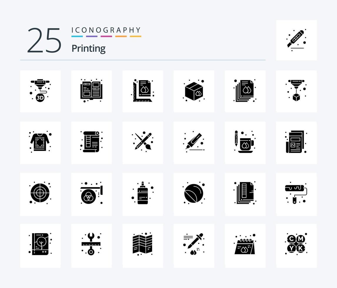 Printing 25 Solid Glyph icon pack including page. print. ruler. warehouse. box vector