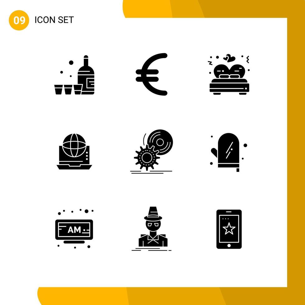 Set of 9 Vector Solid Glyphs on Grid for cd network love connection business Editable Vector Design Elements