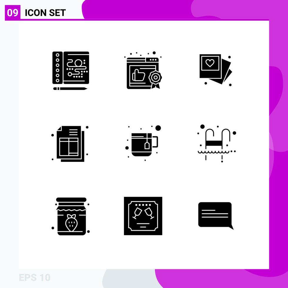 Mobile Interface Solid Glyph Set of 9 Pictograms of pool tea love mug invoice Editable Vector Design Elements