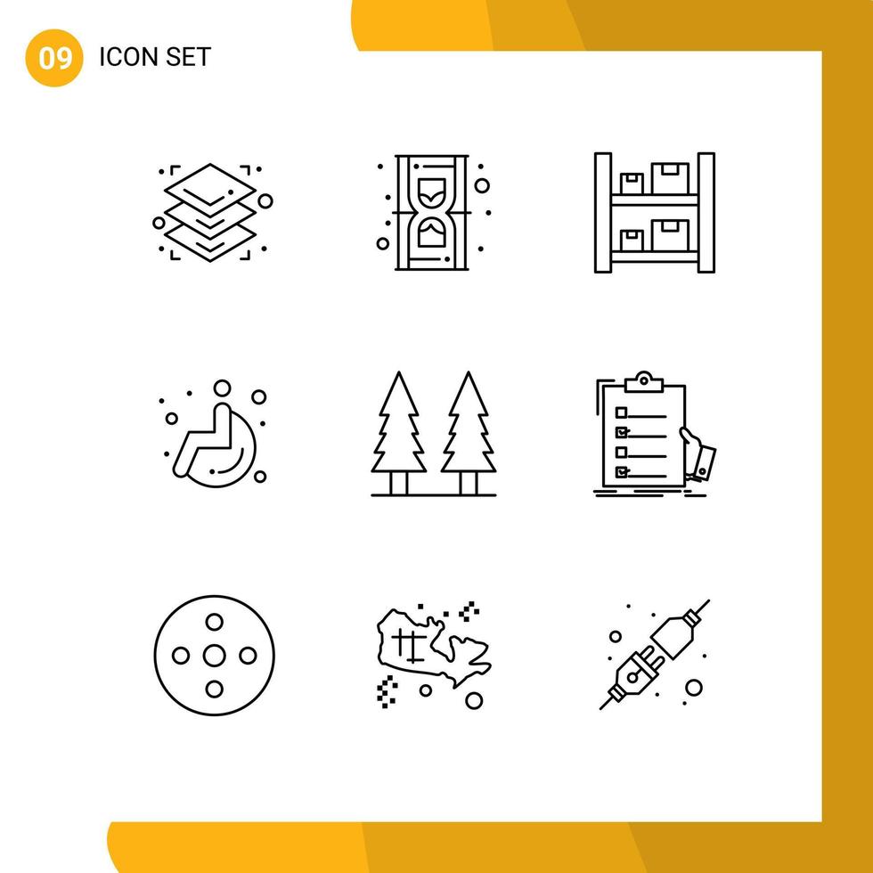 paquete de 9 signos y símbolos de contornos modernos para medios de impresión web, como cajas de naturaleza de árboles, rueda de entretenimiento, elementos de diseño de vectores editables