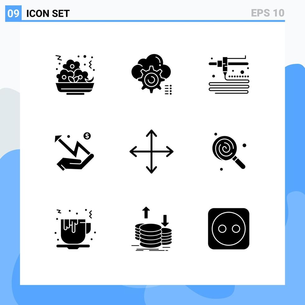 conjunto moderno de 9 glifos y símbolos sólidos, como flechas de navegación, configuran elementos de diseño vectorial editables de gráficos estadísticos vector