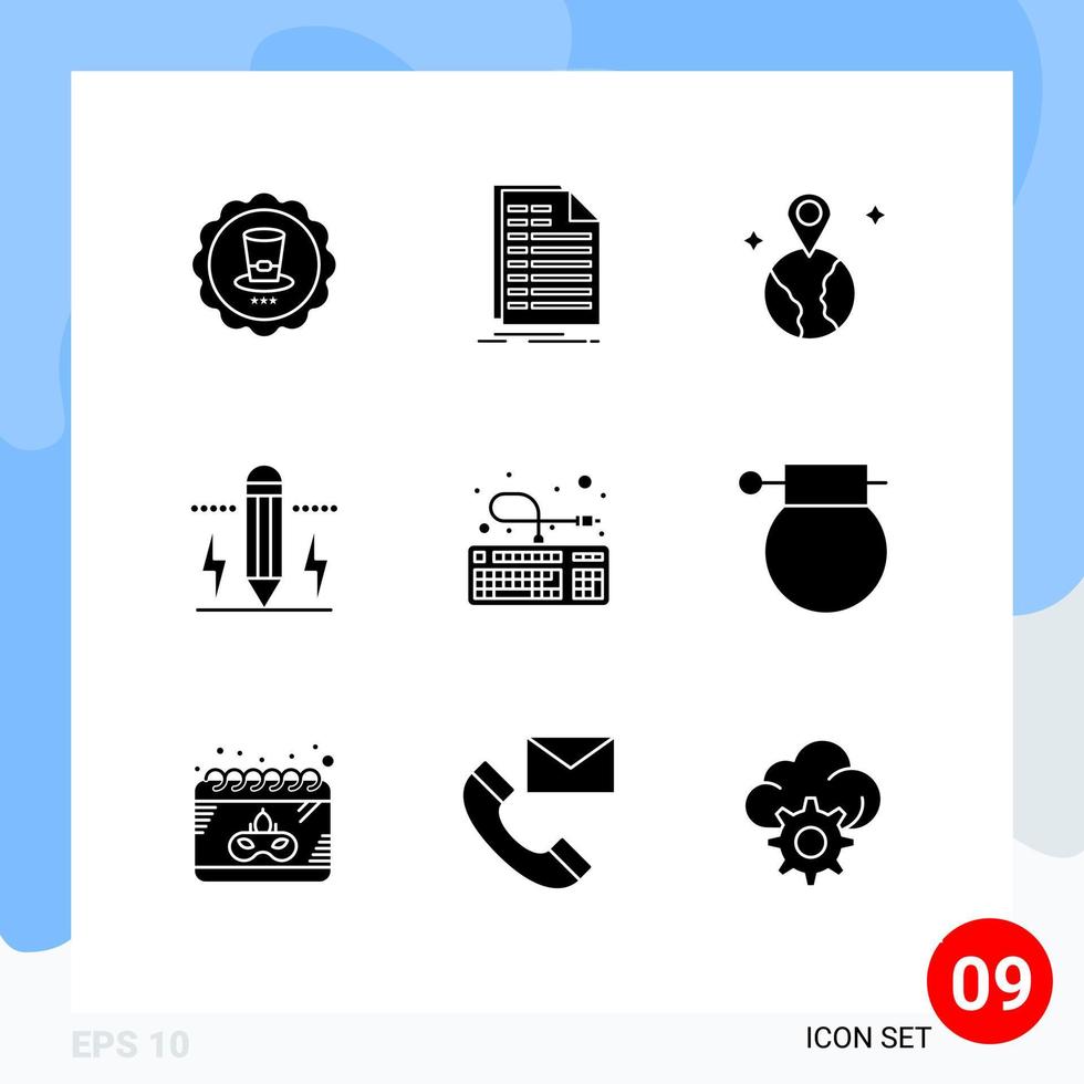 Modern Set of 9 Solid Glyphs Pictograph of computer bolt statement edit pencil Editable Vector Design Elements