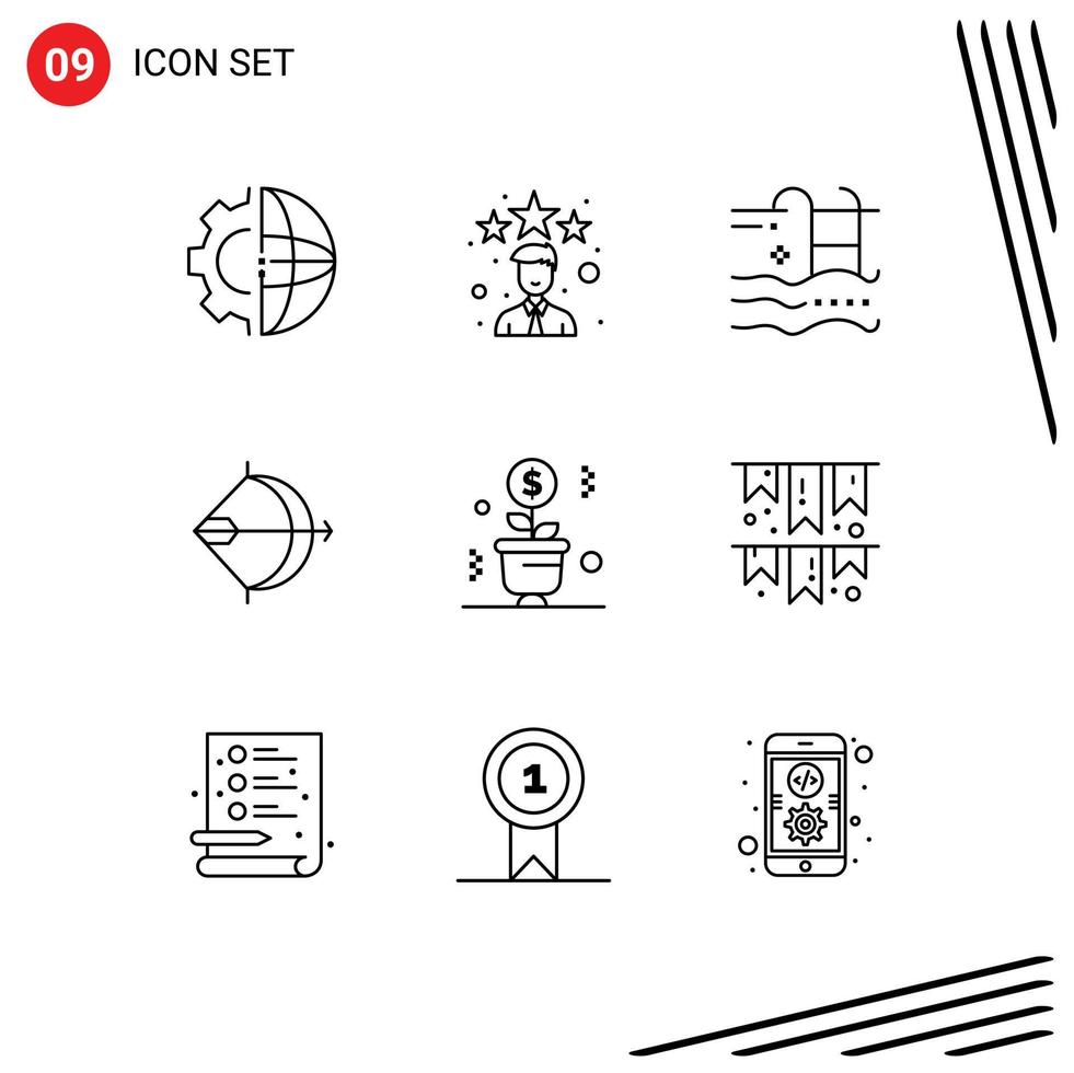 Modern Set of 9 Outlines Pictograph of bow archery star aim swimming Editable Vector Design Elements