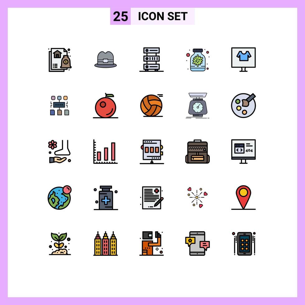 Group of 25 Modern Filled line Flat Colors Set for commerce bottle database medicine antivirus Editable Vector Design Elements