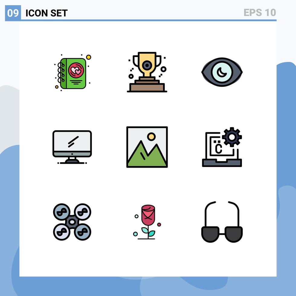 9 Filledline Flat Color concept for Websites Mobile and Apps frame pc human eye imac monitor Editable Vector Design Elements