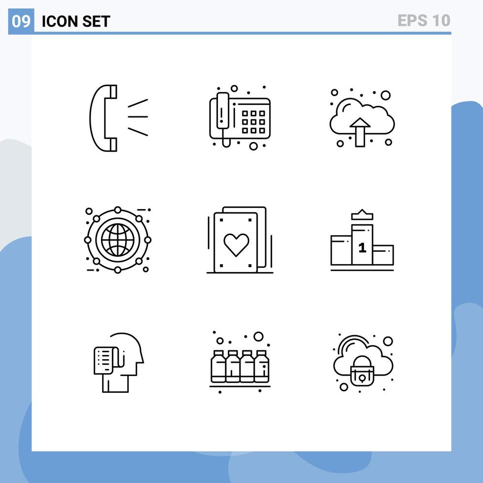 conjunto de pictogramas de 9 contornos simples de elementos de diseño de vector editables de cuadro de línea de datos de tarjetas de fiesta