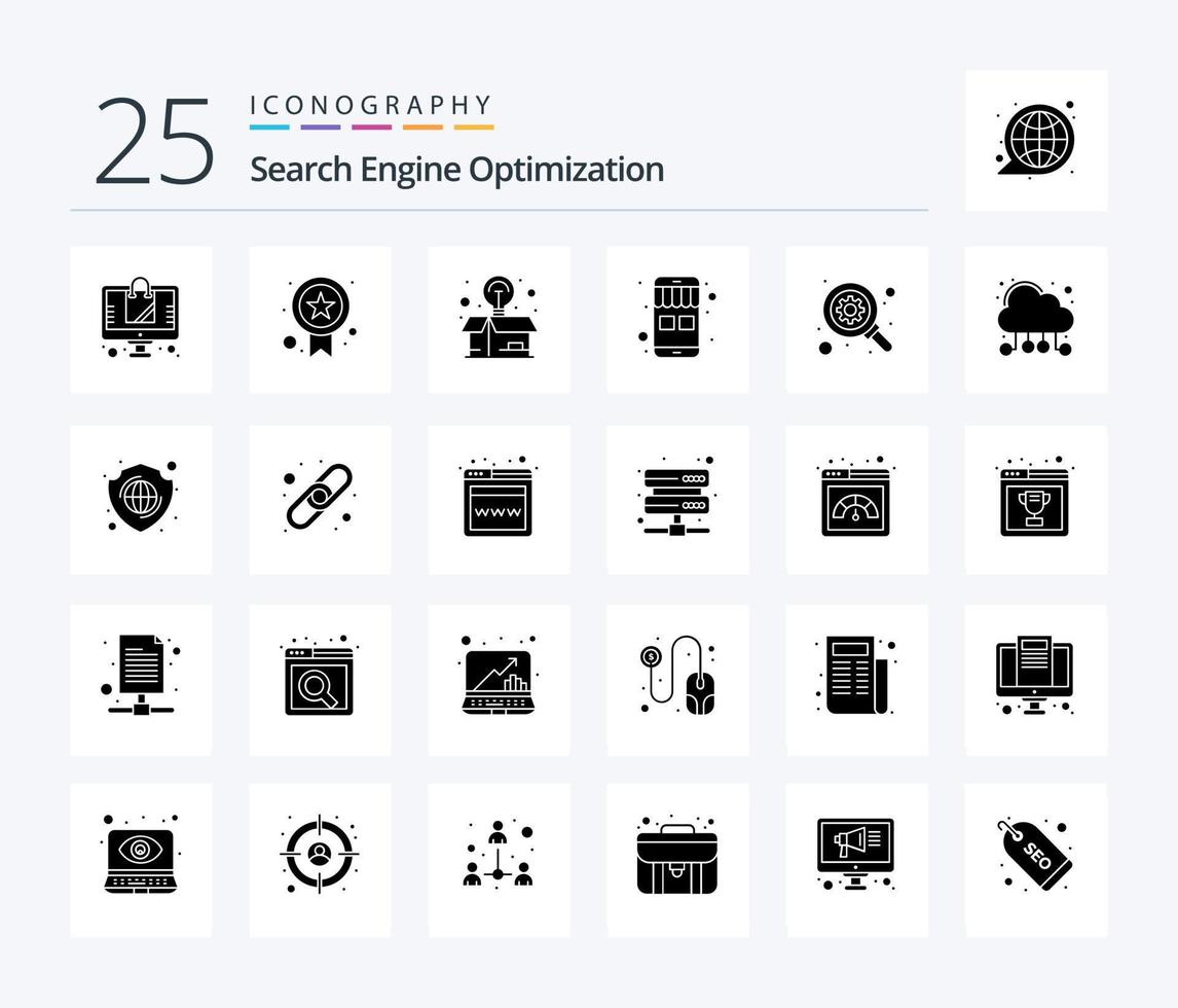 Seo 25 Solid Glyph icon pack including search. gear. idea. online store. ecommerce vector