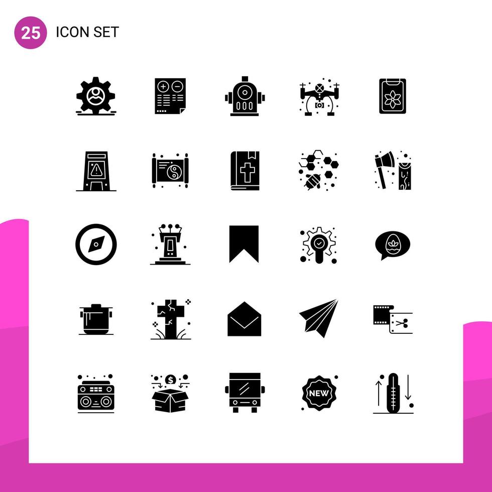 Set of 25 Vector Solid Glyphs on Grid for spring flower minus camera hobbies Editable Vector Design Elements