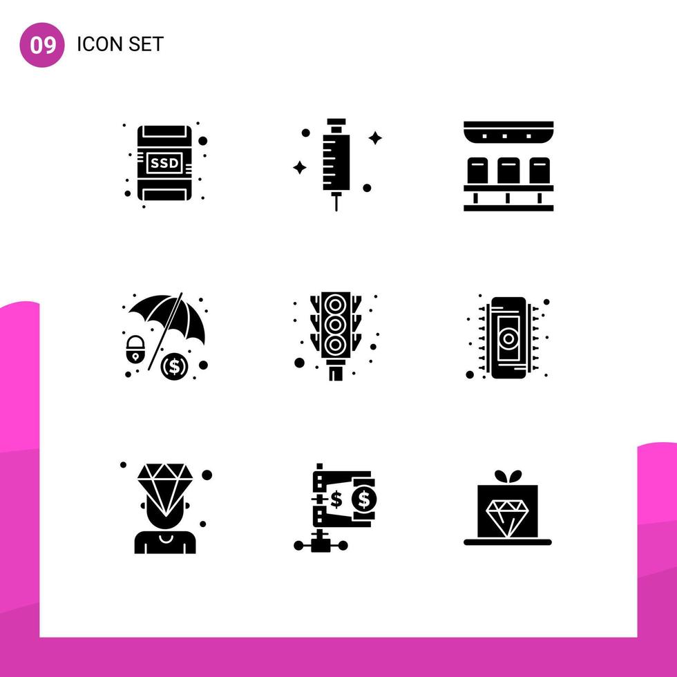 9 Thematic Vector Solid Glyphs and Editable Symbols of stop signal train light dollar protection Editable Vector Design Elements