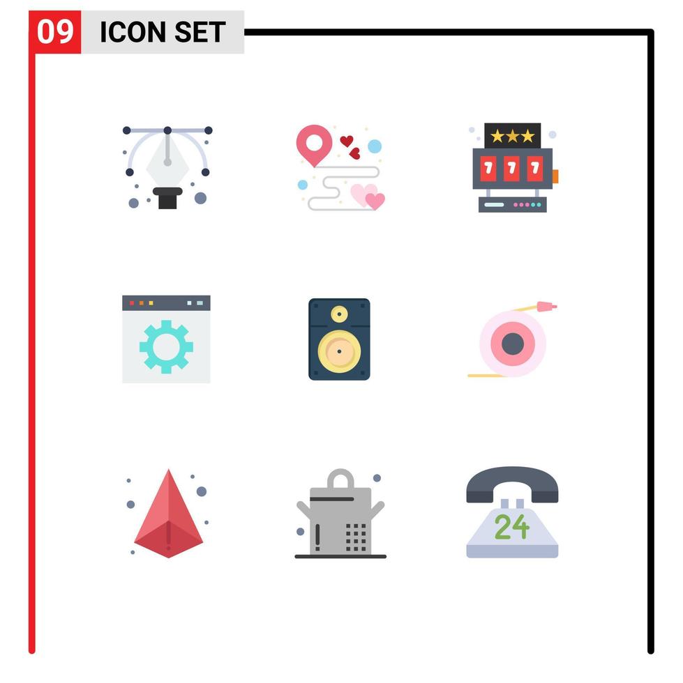 Pictogram Set of 9 Simple Flat Colors of loud setting slot machine page gear Editable Vector Design Elements