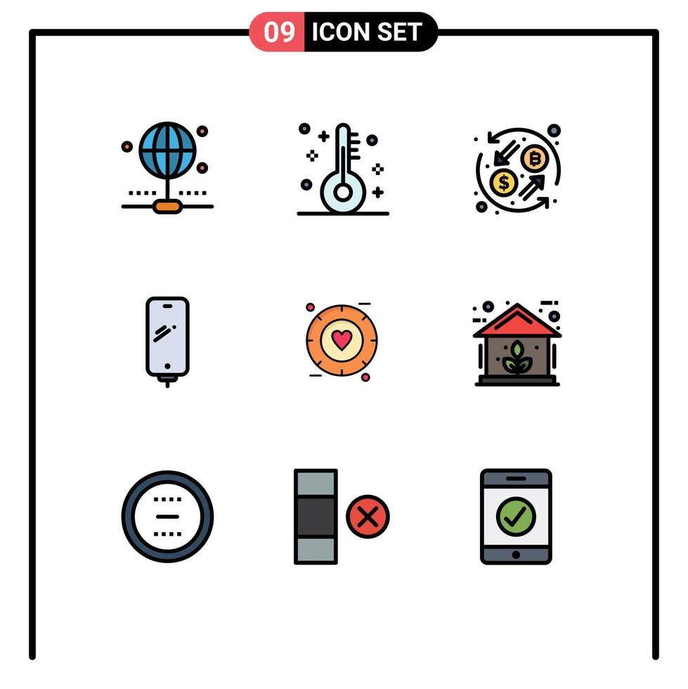 Group of 9 Modern Filledline Flat Colors Set for signal battery currency exchange charging smart phone Editable Vector Design Elements