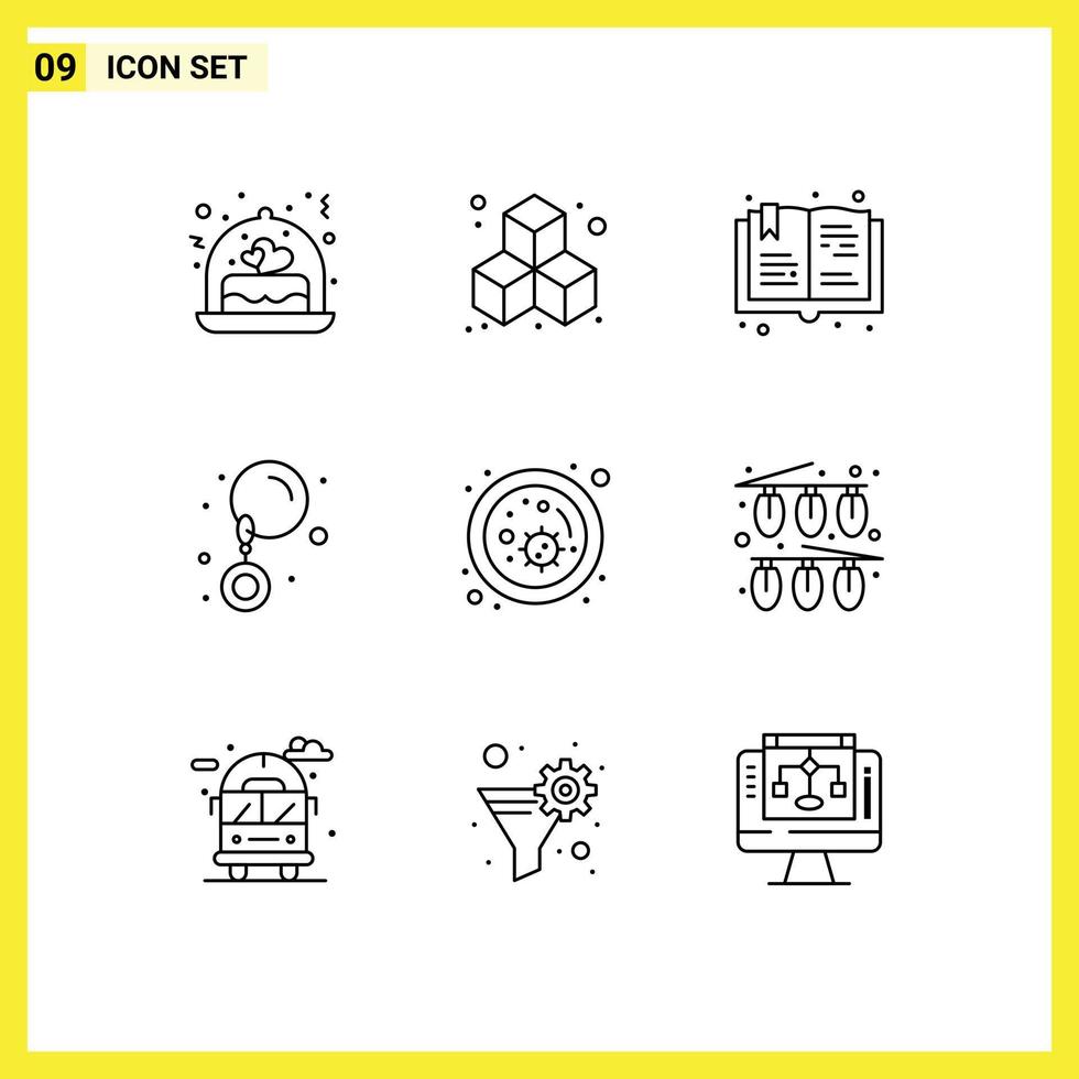 Pack of 9 Modern Outlines Signs and Symbols for Web Print Media such as celebration study hobbies biology jewelry Editable Vector Design Elements