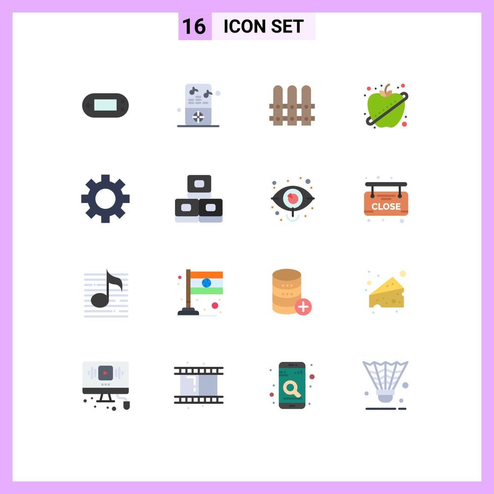 16 signos universales de color plano símbolos de herramientas construcción de engranajes fitness fruta paquete editable de elementos creativos de diseño de vectores