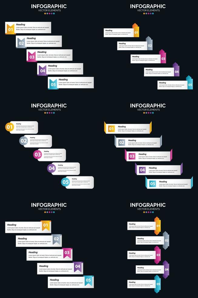 plantilla de diapositiva de presentación del paquete de infografías vectoriales 6 diagramas de ciclo de 5 pasos y líneas de tiempo vector