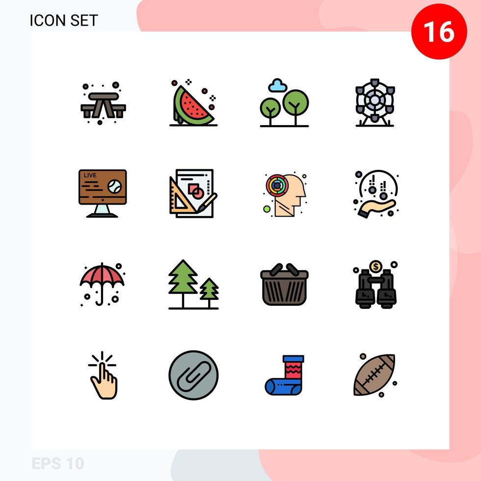 paquete de 16 líneas llenas de colores planos modernos, signos y símbolos para medios de impresión web, como la rueda de sandía de canadá en vivo, elementos de diseño de vectores creativos editables de ferris