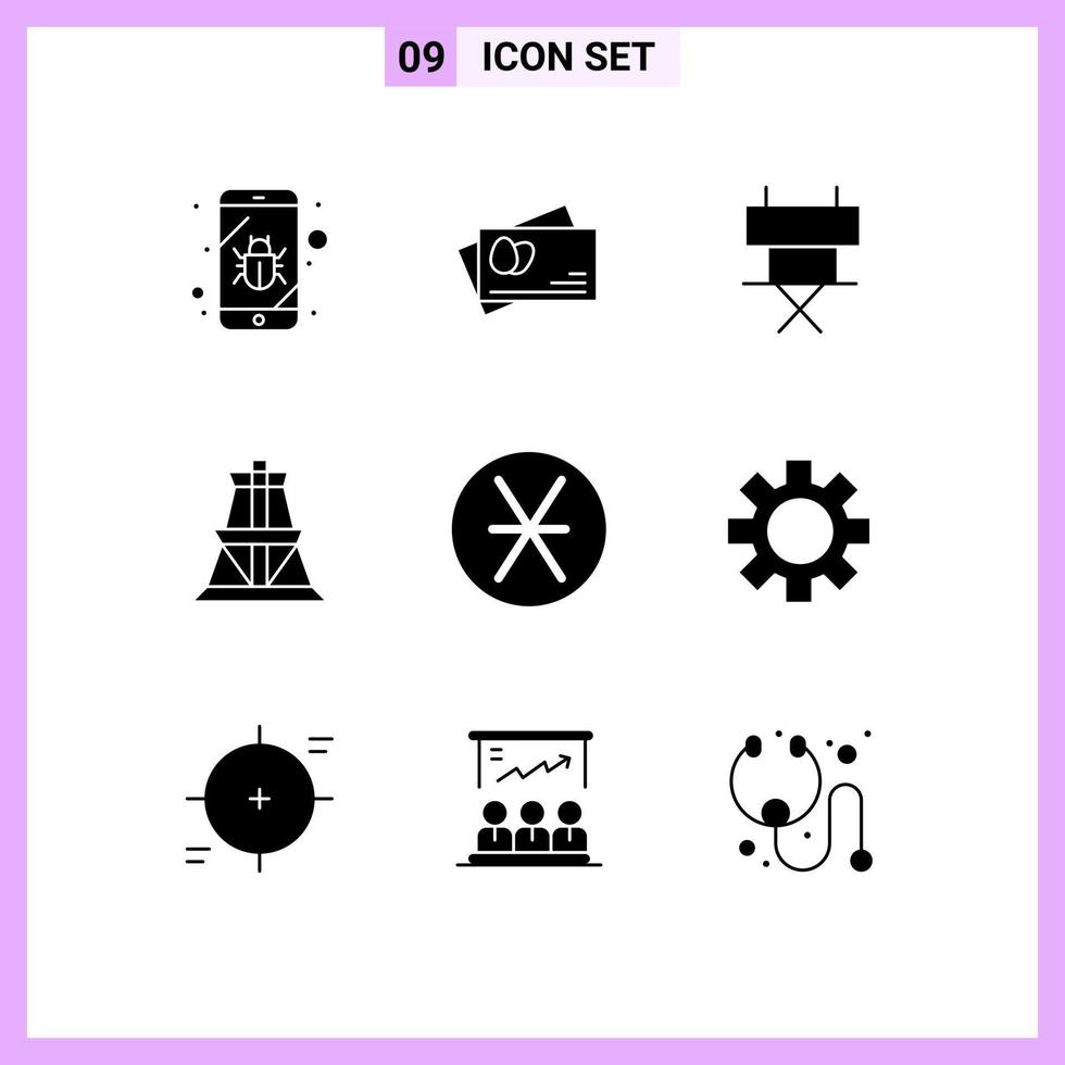 Mobile Interface Solid Glyph Set of 9 Pictograms of coin denarius cinema transmission tower energy Editable Vector Design Elements