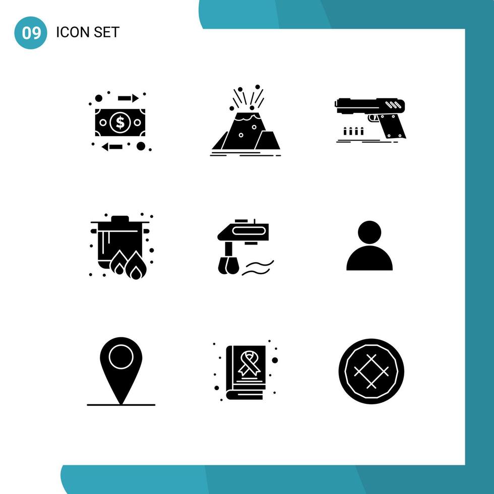 9 Thematic Vector Solid Glyphs and Editable Symbols of cooking camping safety boil shooter Editable Vector Design Elements