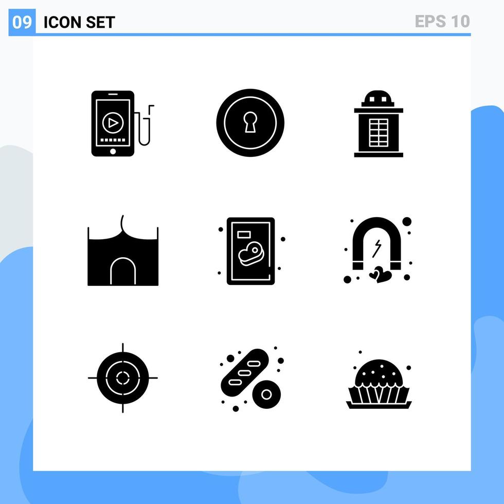 Set of 9 Modern UI Icons Symbols Signs for steak beef house medieval castle tower Editable Vector Design Elements