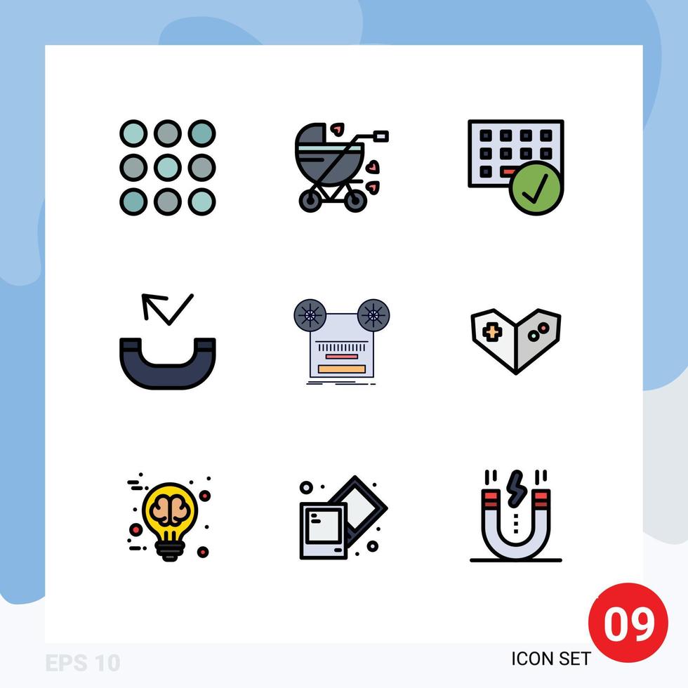 Editable Vector Line Pack of 9 Simple Filledline Flat Colors of retro record connected phone call Editable Vector Design Elements