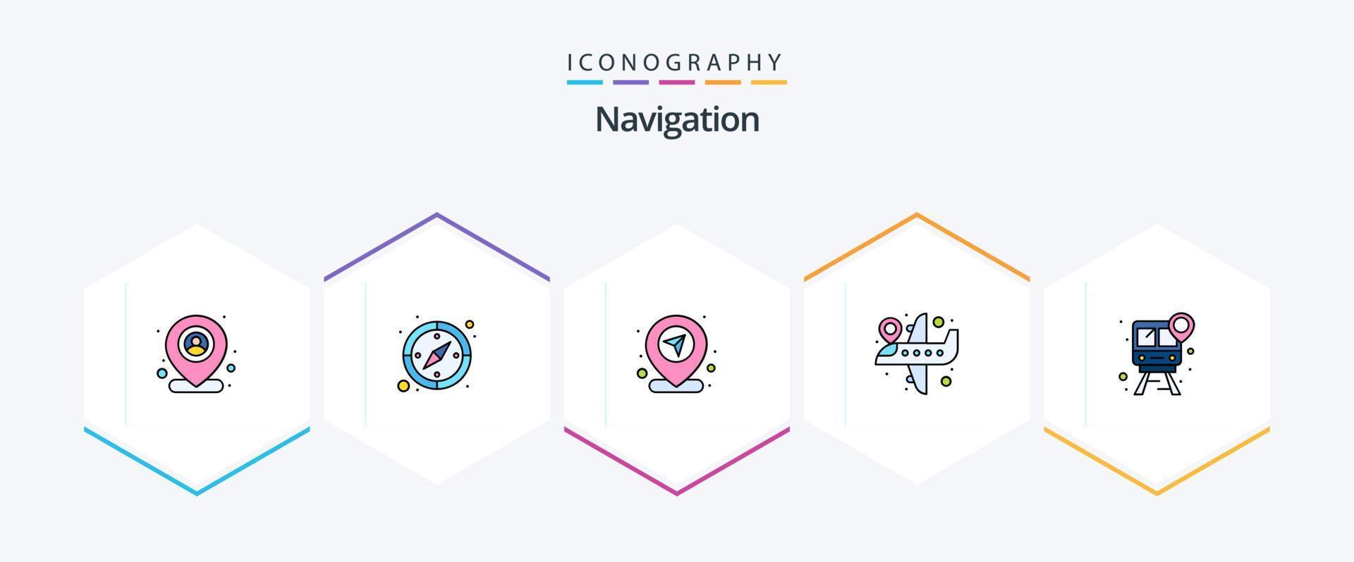 Navigation 25 FilledLine icon pack including location. train. map. flight location. airplane location vector