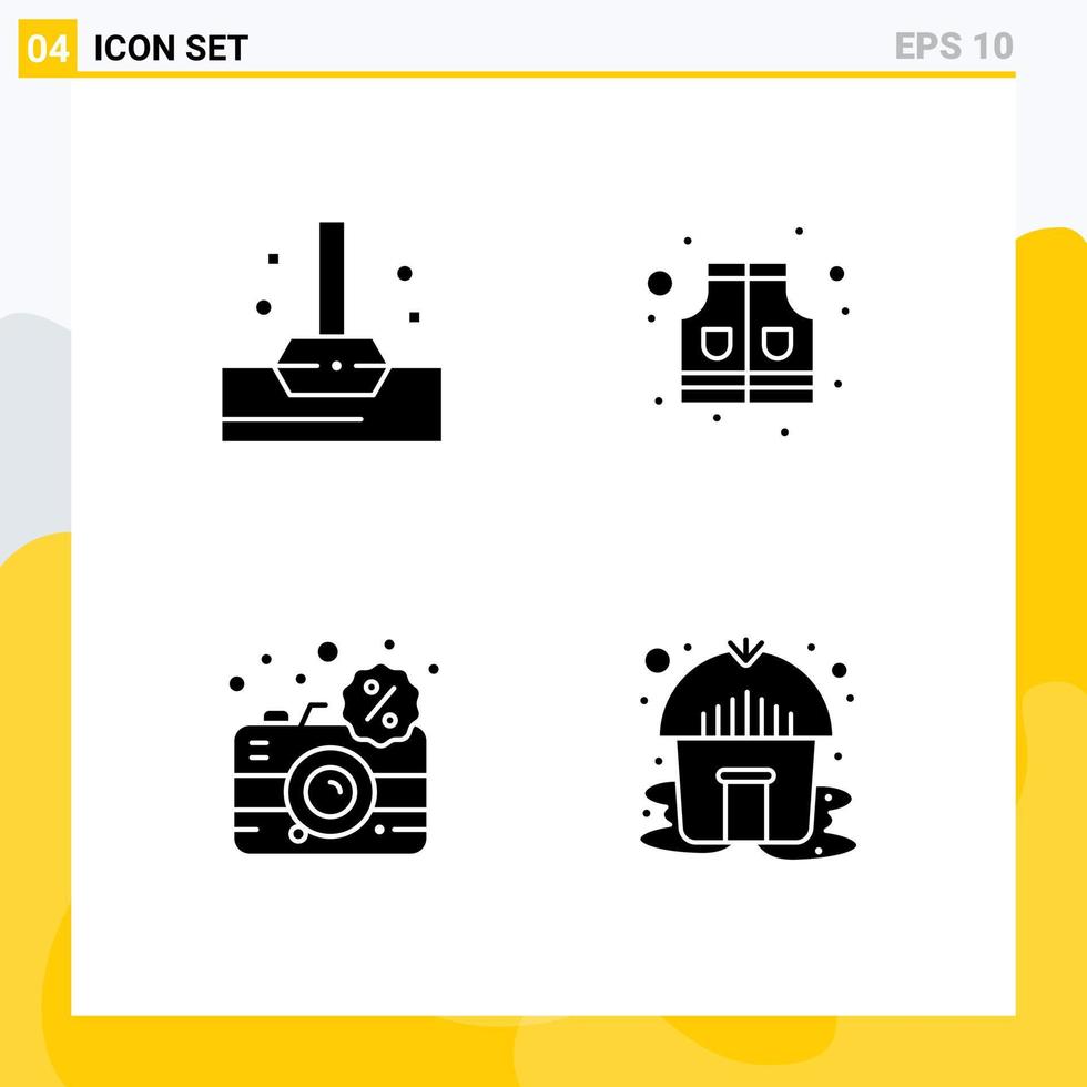 Mobile Interface Solid Glyph Set of 4 Pictograms of mop dslr jacket camera hut Editable Vector Design Elements