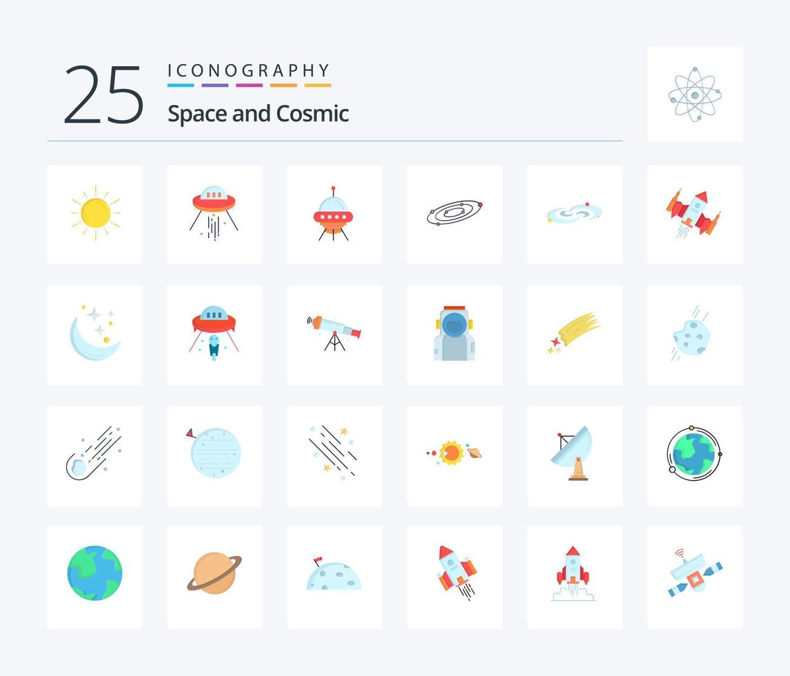 Space 25 Flat Color icon pack including spaceship. universe. rocket. system. astronomy vector