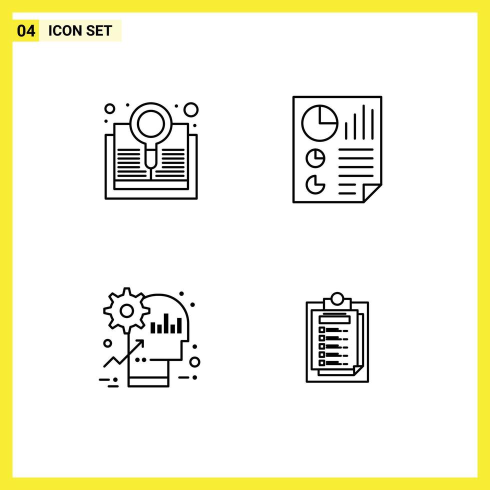Modern Set of 4 Filledline Flat Colors Pictograph of book brain search document mind Editable Vector Design Elements