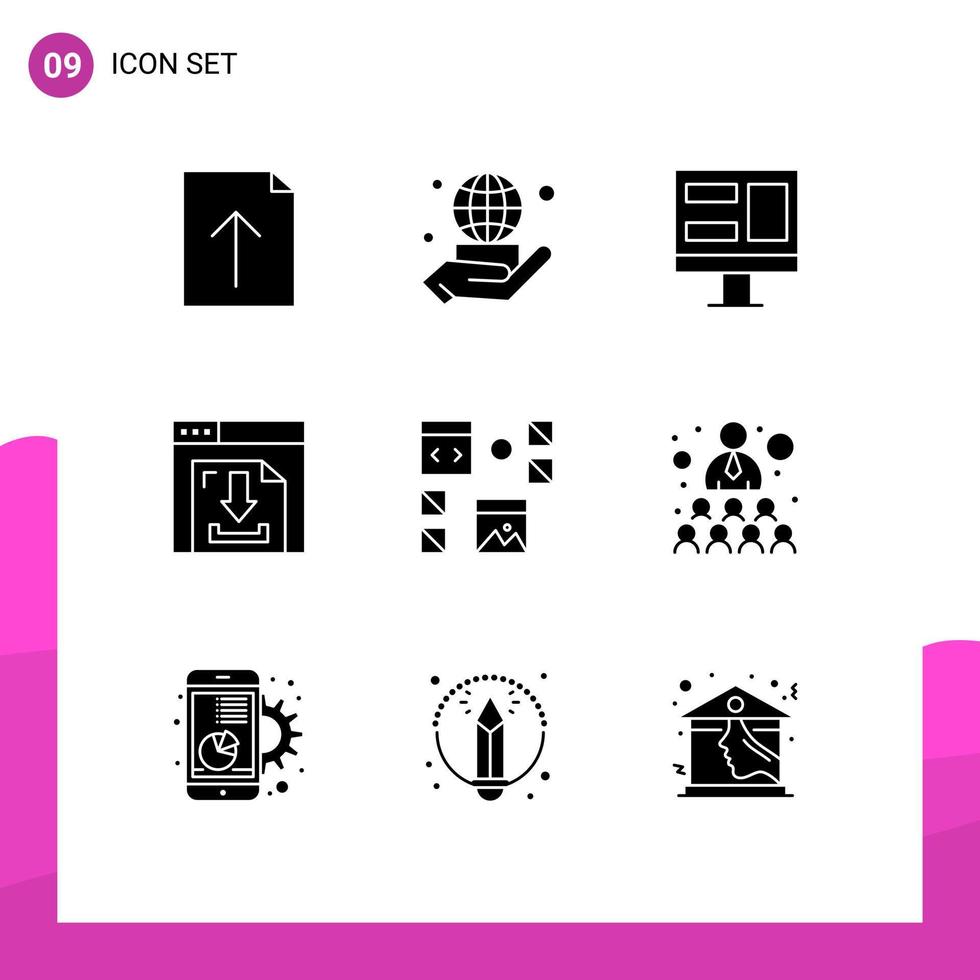 9 Universal Solid Glyphs Set for Web and Mobile Applications page develop monitor design internet Editable Vector Design Elements