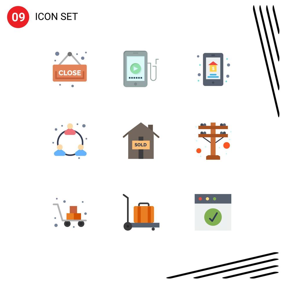 Modern Set of 9 Flat Colors Pictograph of sold house auction network web Editable Vector Design Elements