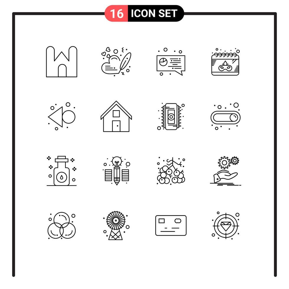 Mobile Interface Outline Set of 16 Pictograms of left gras wedding mask calendar Editable Vector Design Elements